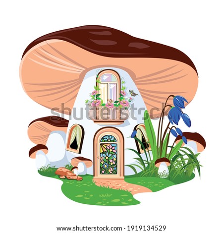 Vector illustration of a mushroom house in a boletus with a balcony, a door and windows stands in a mushroom meadow. Fairy tale illustration isolated on white background.