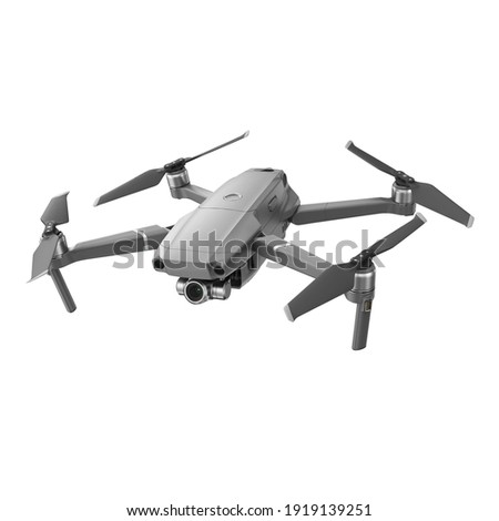 Aerial Drone Isolated on White Background. Top Front Side View Quad Copter with Digital Camera. Flying Remote Control Air Drone. Headless Quadcopter with 4K Hasselblad Camera and Remote Control Royalty-Free Stock Photo #1919139251