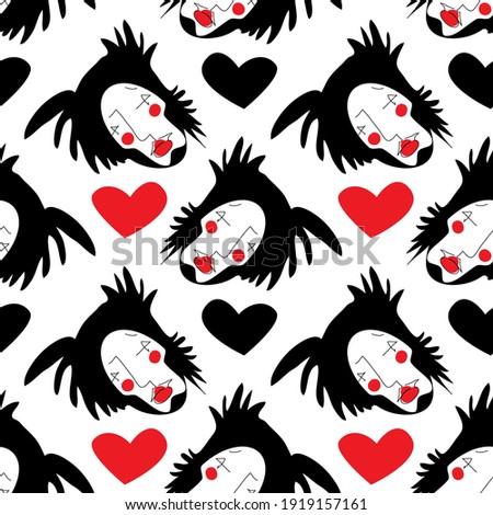 Vector seamless pattern with faces. Faces of mimes, circus performers, jesters, clowns.