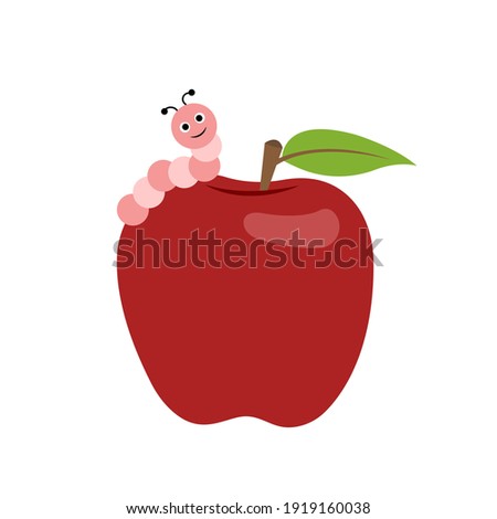 Caterpillar on the red apple isolated on white. Cute cartoon character. Vector illustration. Flat style