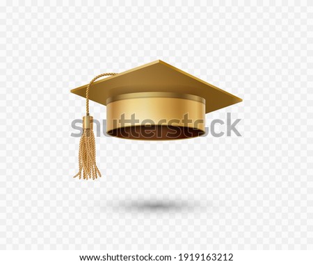 Graduate college, high school or university cap isolated on transparent background. Vector gold 3d degree ceremony hat. Golden educational student symbol  Royalty-Free Stock Photo #1919163212