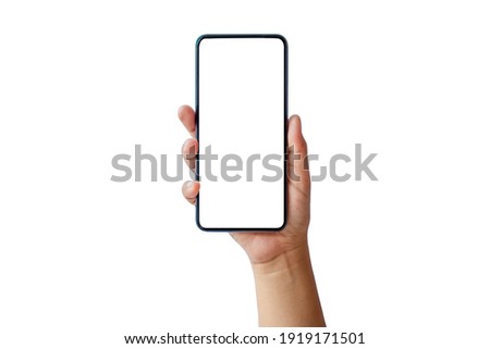 The hand is holding the white screen, the mobile phone is isolated on a white background with the clipping path. Royalty-Free Stock Photo #1919171501