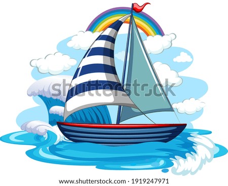 A sailboat on water waves isolated on white background illustration