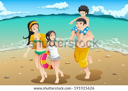 A vector illustration of happy family going to the beach