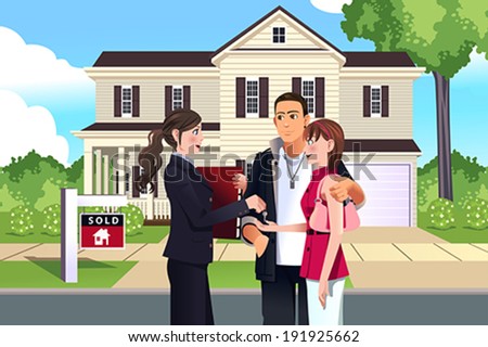 A vector illustration of real estate agent in front of a sold house with her customer