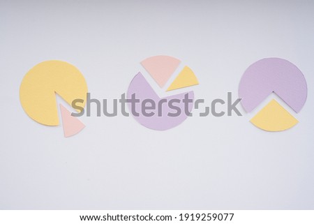 Group of yellow and purple circle infographic over white background. Top view.