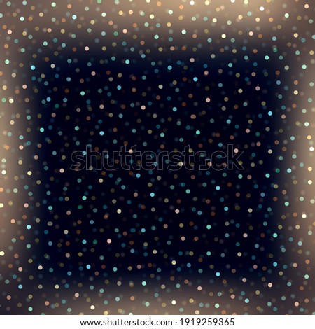 Iridescent shimmering sparkles on black background with illuminated blurred frame. Festive gala style.