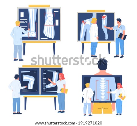 Osteopath examining xray pictures of patient joints, spine bones, flat vector illustration. Shoulder, elbow, knee, foot arthritis, spinal disease. Osteoarthritis, osteoporosis, osteopathy chiropractic Royalty-Free Stock Photo #1919271020