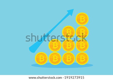 Bitcoin growth concept. Bitcoin revenue illustration. Stacks of gold coins like income graph with bitcoin. Vector illustration isolated on colored background