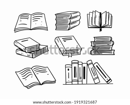 Hand drawn books doodle set. Black color sketch. Line art style. Vector illustration isolated on white background.