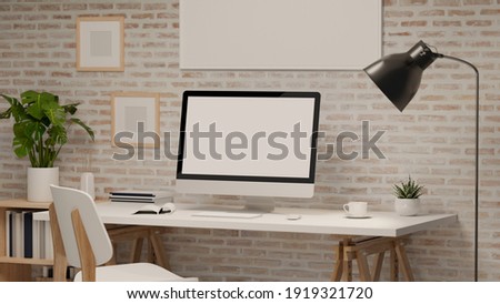 3D rendering, home office room with worktable, computer, supplies and decorations, 3D illustration
