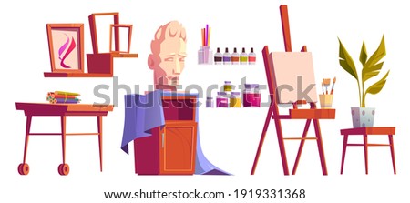 Artist studio art stuff canvas on easel, paint, brushes and colored pencils on wooden desk, plaster head, frames for pictures, potted plant isolated on white background Cartoon vector illustration set