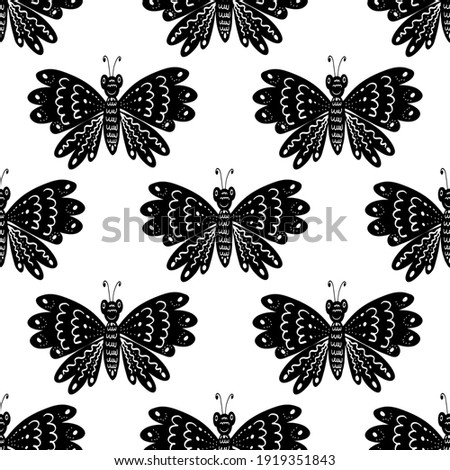 Butterflies. The pattern is simple with black butterflies on a white background. For textiles, fabrics, wallpaper, packaging paper, backgrounds, ceramics.