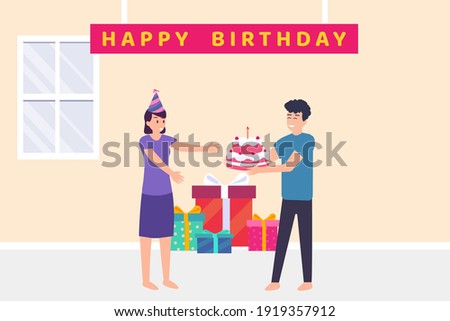 Happy woman getting birthday cake from her husband with gift boxes background. Vector flat illustration