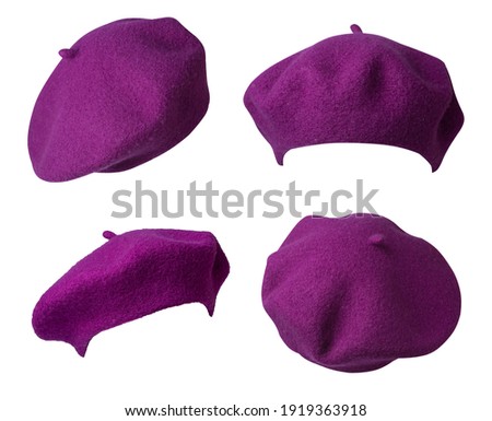 set of four purple beret isolated on white background. hat female beret front side view . Royalty-Free Stock Photo #1919363918