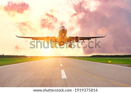 Aeroplane landing at the airport with morning good calm Royalty-Free Stock Photo #1919375816