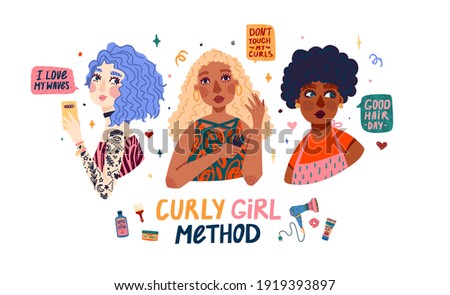 Design concept for curly girl method. Portraits of cartoon girls with different types of curly hair. Kinky, coil, waves hair style.  Cosmetic and accessorise to hair care.  Vector character woman Royalty-Free Stock Photo #1919393897