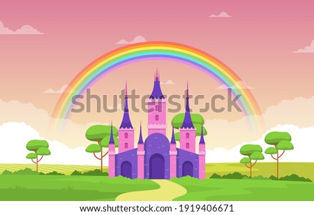 Castle Palace Rainbow in Fairyland Fairy Tales Landscape Illustration Royalty-Free Stock Photo #1919406671