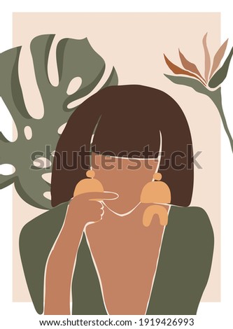 Female shape, silhouette on retro tropical background. Abstract woman portrait in pastel colors. minimalistic style