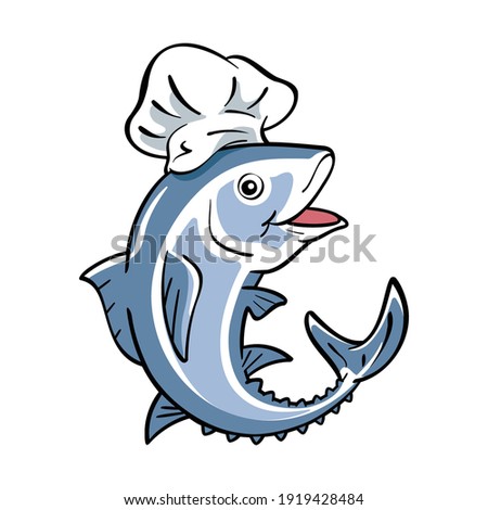 Vector illustration of tuna cartoon character wearing chef's hat.