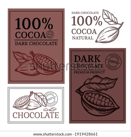 CHOCOLATE AND COCOA Design Of Stickers And Labels For Cocoa Chocolate Products In Vintage Style Monochrome Hand Drawn Clip Art Vector Illustration Set For Print