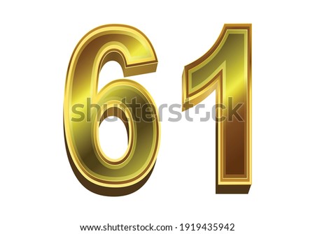 3d golden number 61 isolated on white background