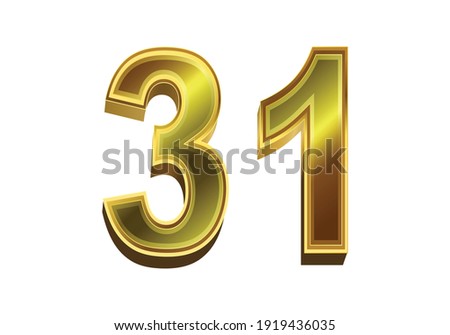 3d golden number 31 isolated on white background
