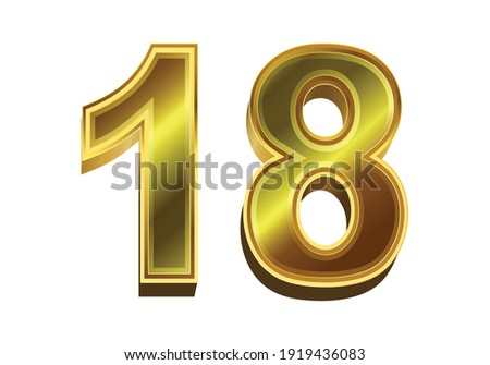 3d golden number 18 isolated on white background