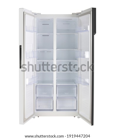 Major appliance - Front view white open doors two-door side by side refrigerator fridge on a white background. Isolated Royalty-Free Stock Photo #1919447204
