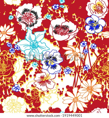 Seamless image with poppies, pansies, lilies, peonies, chamomile flowers, lines and dots