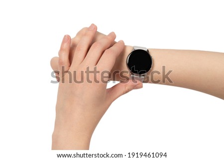 Smart watch on woman hand isolated on white.