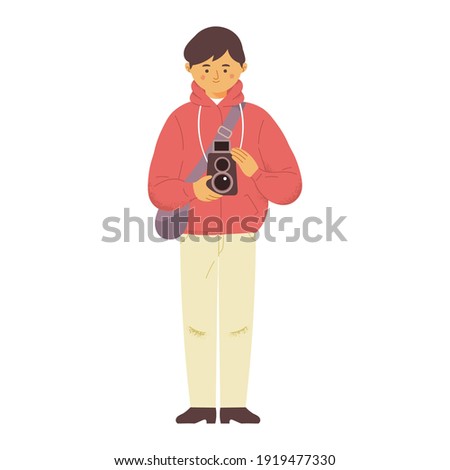 Man take picture photograph use old film vintage camera hipster in flat cartoon vector style
