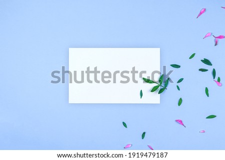 Mockup greeting card or layout, template with green leaves and floral petals, pastel blue background, flat lay and copy space workspace photo