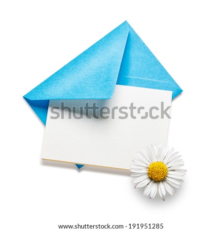 Blue envelope with card and daisy flower isolated on white background