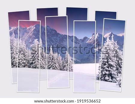 Isolated eight frames collage of picture of winter sunset in mountain valley. Calm evening scene in high mountains. Mock-up of modular photo.
