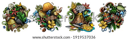 Hawaii cartoon vector doodle designs set. Colorful detailed compositions with lot of Hawaiian objects and symbols. Isolated on white illustrations