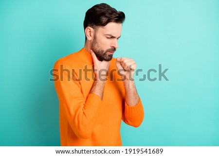Profile side photo of young unhealthy man flu ill sick coughing temperature coronavirus symptom isolated over teal color background