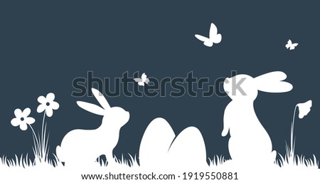 Vector silhouette rabbits on dark background. Easter background with bunny, eggs and butterfly. 