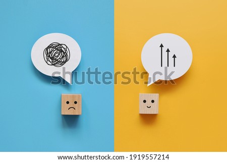 Two cubes with a pattern of confusion of one and a clear line at the other. Confusion from one person's thoughts and clarity in the head of another Royalty-Free Stock Photo #1919557214