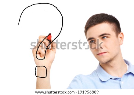Young Man drawing question mark over white background