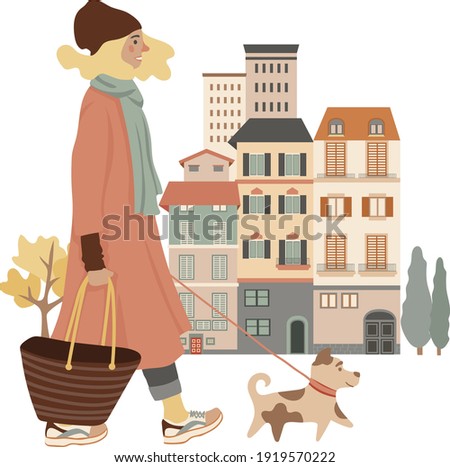 Stylish woman walking on the street with her dog, vector illustration, isolated on white
