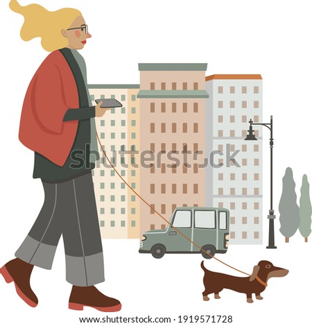 Stylish woman walking on the street with her dog, holding phone, vector illustration, isolated on white