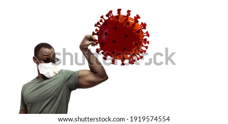 Man in protective face mask on white background. New rules of COVID prevention. Copyspace for ad. Pandemic, healthcare and medicine, coronavirus concept. 100 Days with mask, 3D model or virus