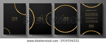 Modern cover design set with gold round ring (golden circle pattern) on black background. Luxury creative premium backdrop. Formal simple vector template for business brochure, certificate,  invite Royalty-Free Stock Photo #1919596331