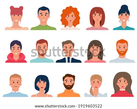 Set of people avatars in flat style. Diversity group of young men, boys, girls, women, transgender people. Brunettes, brown-haired, blondes and redheads. Vector illustration Royalty-Free Stock Photo #1919603522
