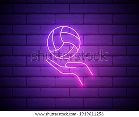 volleyball and hand outline icon. Elements of Sport in neon style icons. Simple icon for websites, web design, mobile app, info graphics isolated on brick wall.