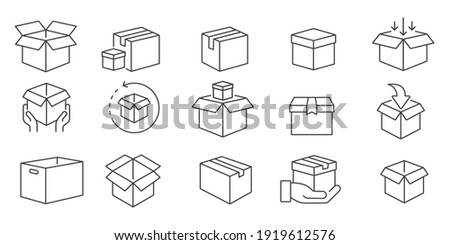 Box icon set in line style, delivery box, Package, export boxes, cargo box, return parcel, gift box, open package, Shipment of goods, vector illustration Royalty-Free Stock Photo #1919612576
