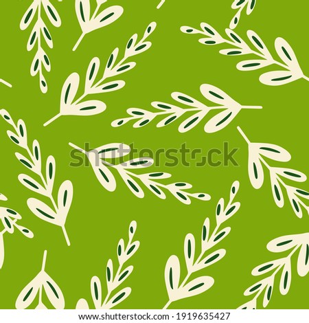 Doodle seamless pattern with hand drawn random leaf branches print. Green bright background. Perfect for fabric design, textile print, wrapping, cover. Vector illustration.