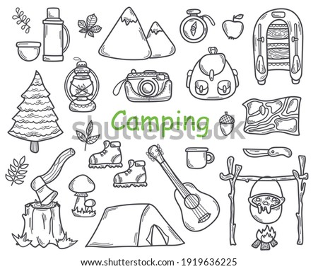 Doodle Set of Camping Elements  and Equipment for Hiking in Sketch style. Hand Drawn Tourism 
 Tools and Travel Accessories.Line Vector Illustration. Isolated on a white background.