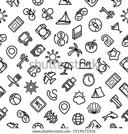 Seamless Pattern Abstract Doodle Elements Hand Drawn Collection Travel Tourism Sketch Vector Design Style Background Summer Sun Compass Camera Plane Glasses Ticket Illustration Icons